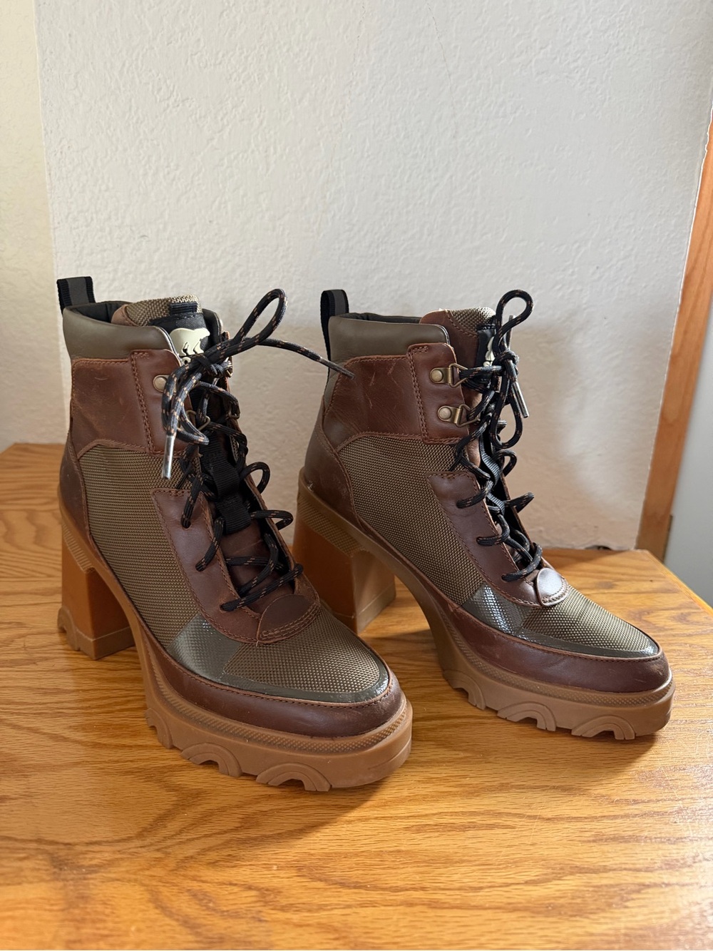Sorel Olive Green and Brown Lug-Heel Platform Lace-Up Boots